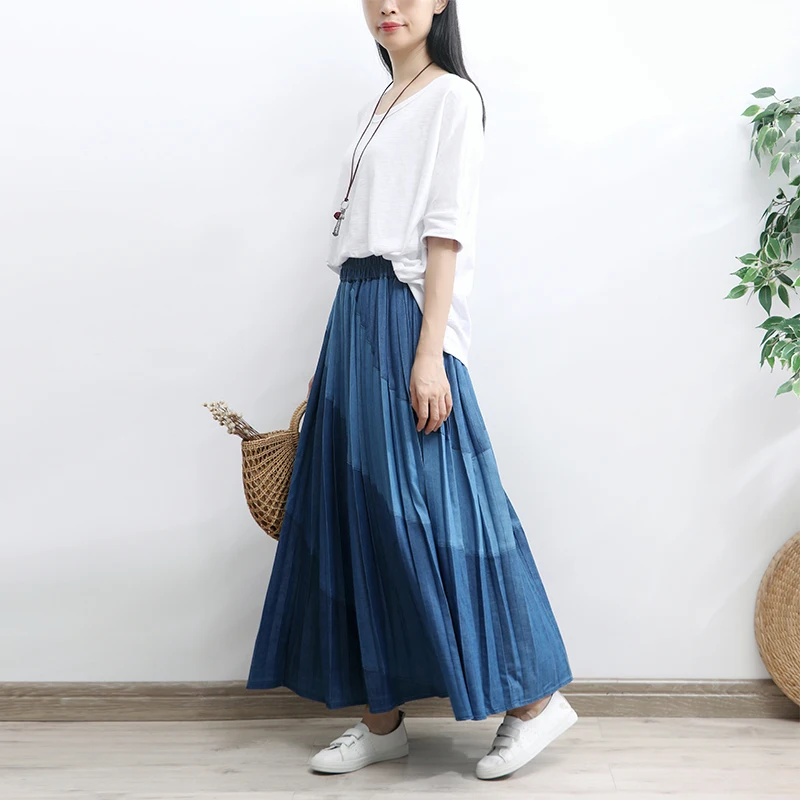 TIYIHAILEY 2024 New Long Maxi A-line Skirt Women Elastic Waist Spring Autumn Denim Jeans Vintage Pleated Patchwork Skirts