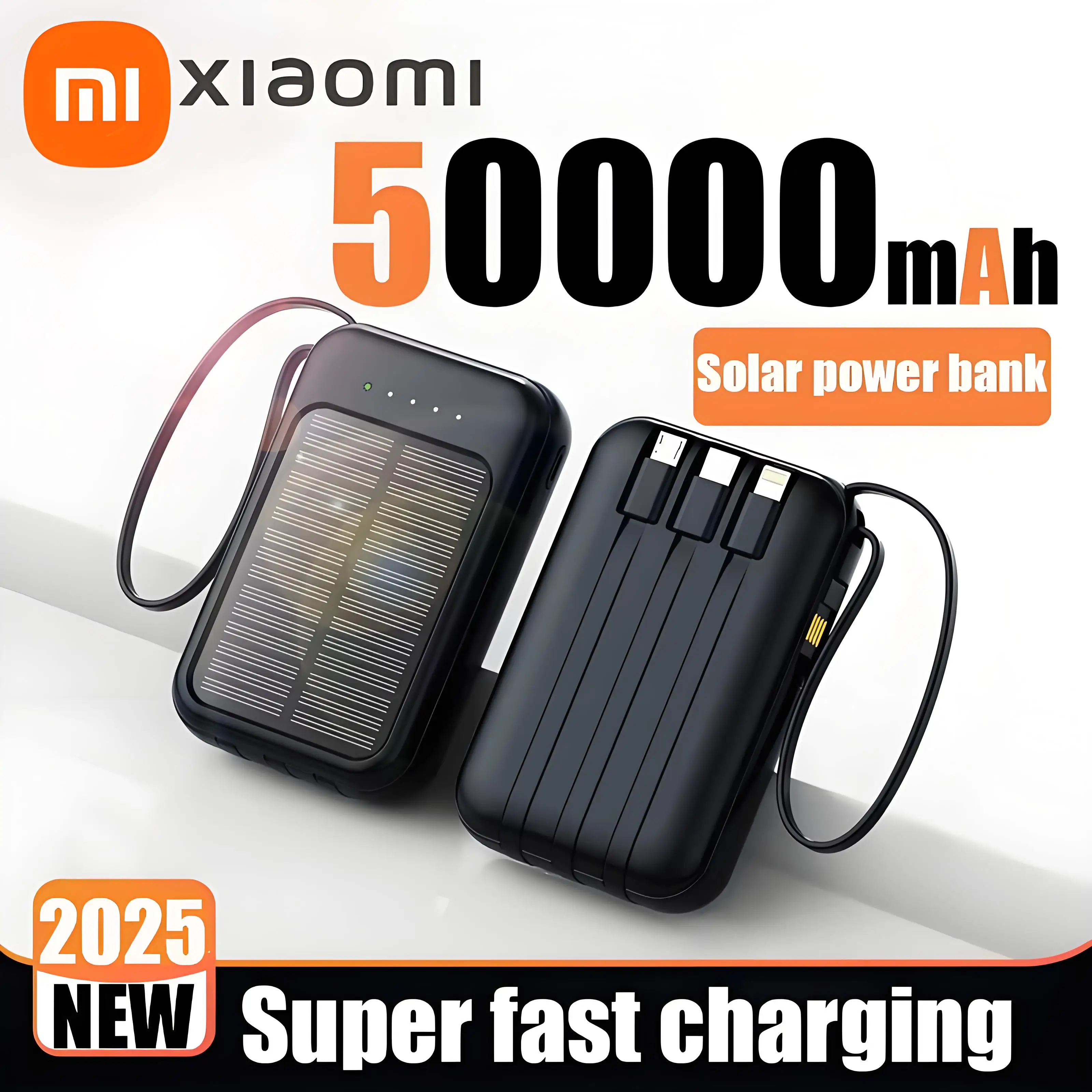 Xiaomi 50000mah Solar Power Bank Built Cables Fast Charger External Charger Powerbank With Led Light  For Iphone Samsung Huawei