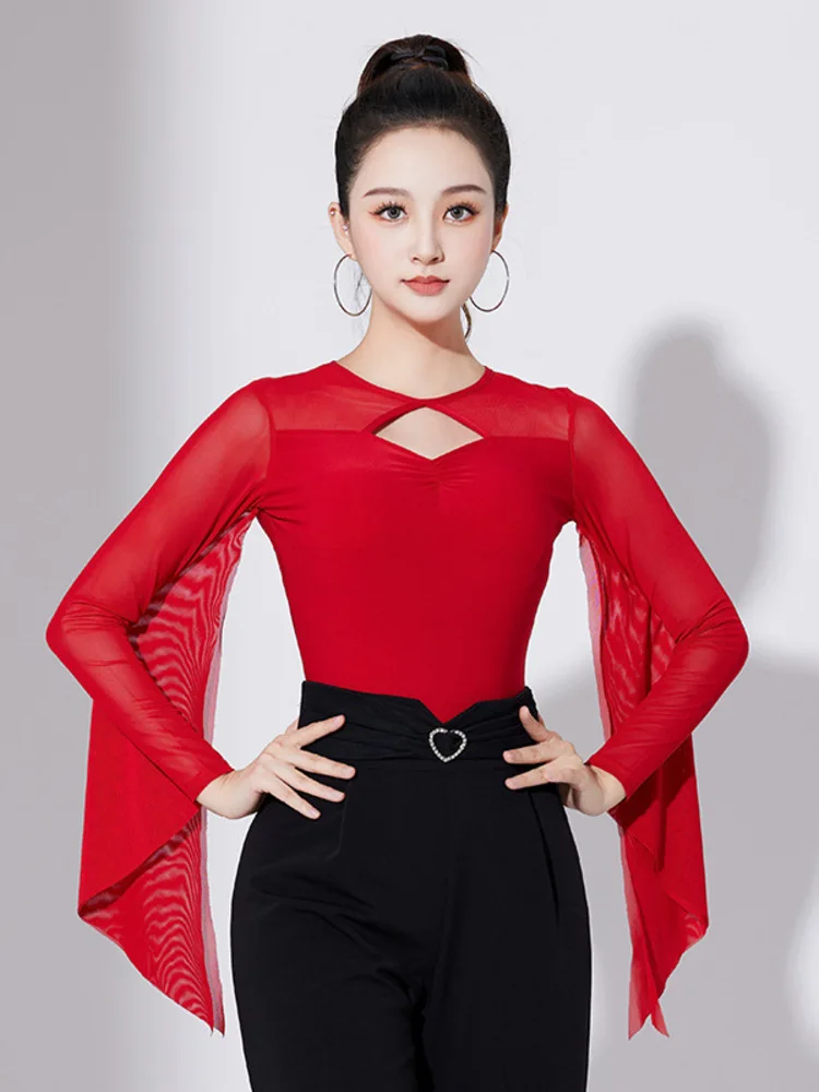 Stretch Sheer Panel Dance Top Flared Sleeve Blouse Women Stage Latin Salsa Practice Hollow Out Design Performance