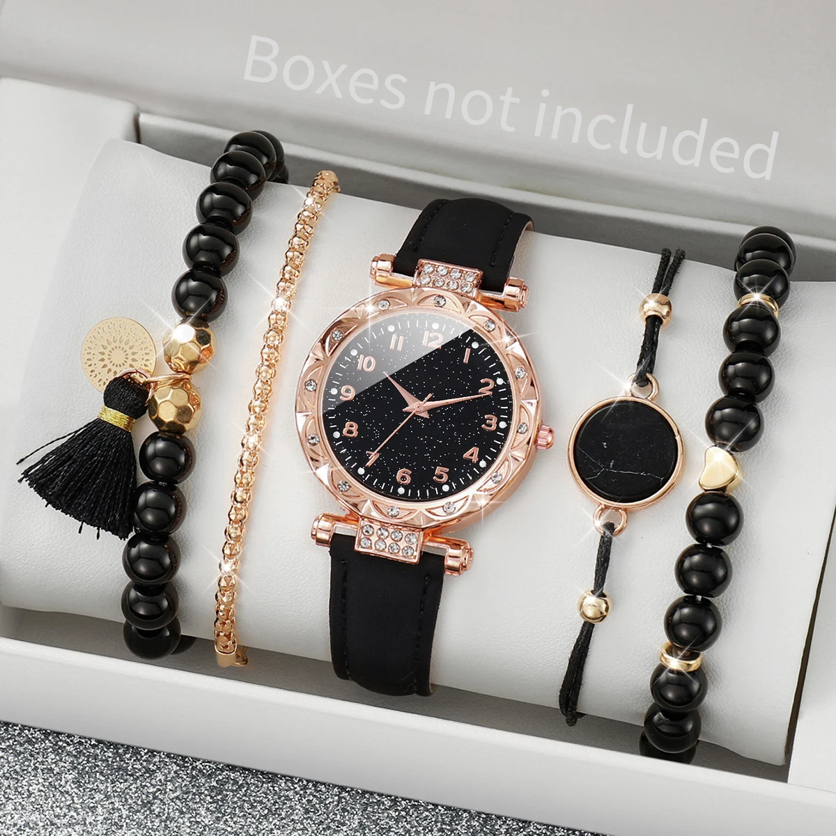 5 unids/set moda mujer banda de cuero reloj de cuarzo y pulsera de cuentas conjunto