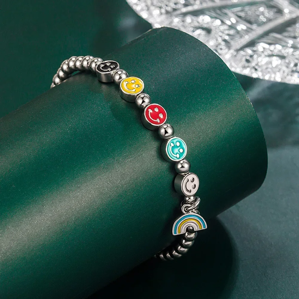 

925 Sterling Silver Rainbow Smiley Beaded Bracelet Women Wedding Luxury Jewelry 925 Jewelry