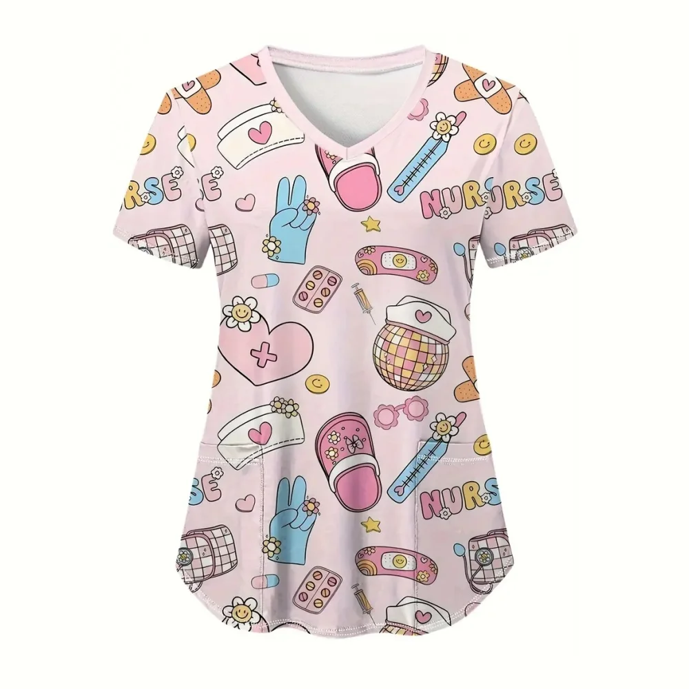 Clinical Uniform Woman Designer Cartoon Printing V-Neck Dental Scrubs Woman Summer Short Sleeves with Pockets Surgical Uniforms