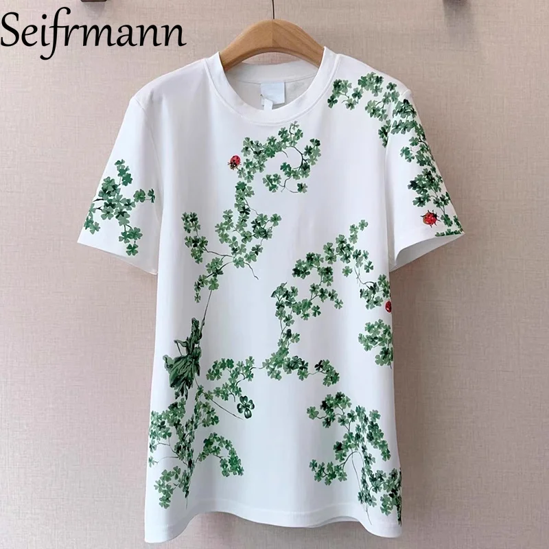Seifrmann 2026 Spring Women's clothing New Fashionable Round Neck Short Sleeve Cotton Printed priming Top
