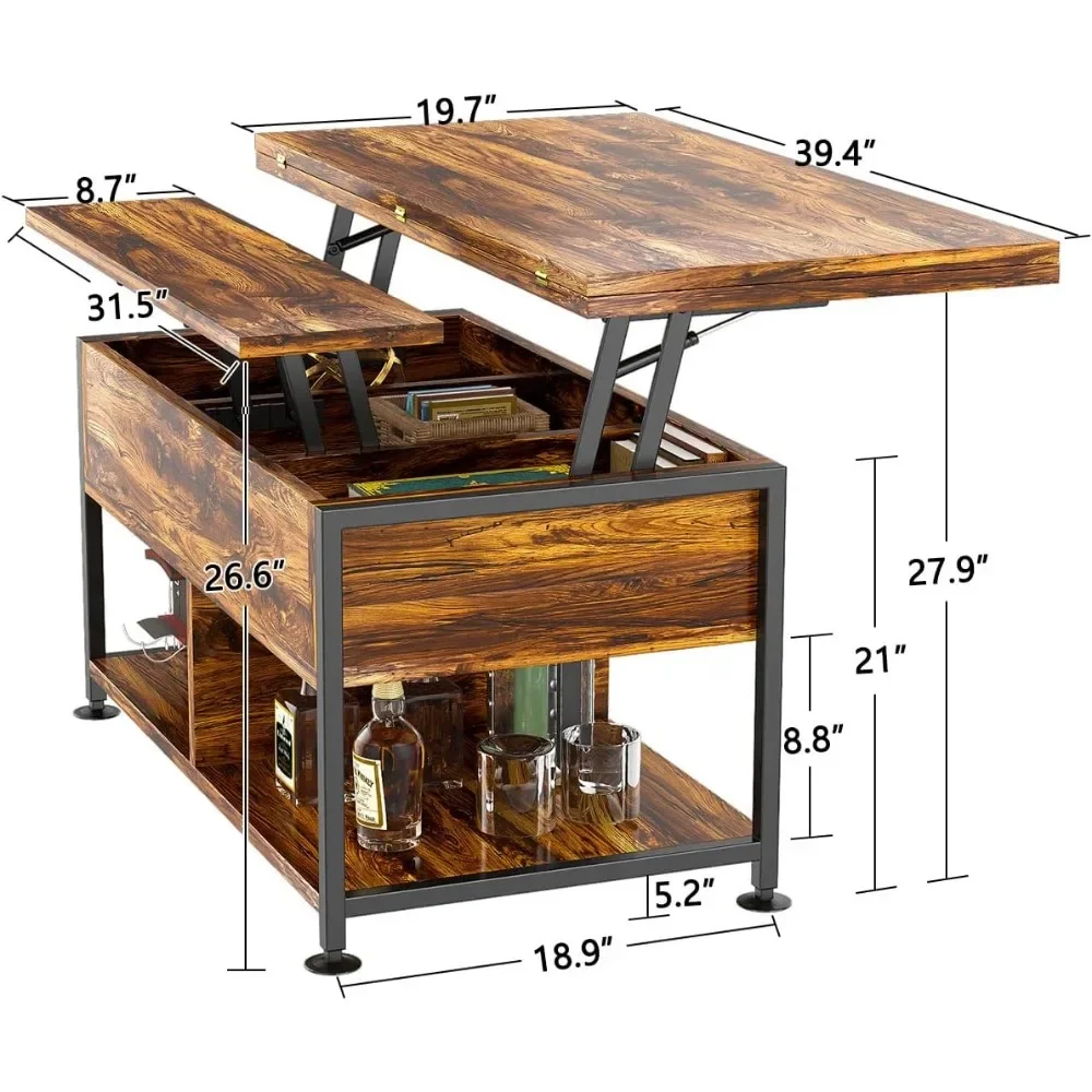 Levante a mesa de centro superior com compartimento escondido, mesa multifuncional, mesa de jantar moderna, 4 em 1