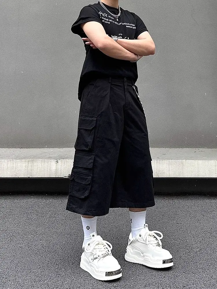 Men's Multi Pocket Solid Color Cropped Pants Street Summer Shorts High Waist Sweatpants Male Casual Calf-length Trousers