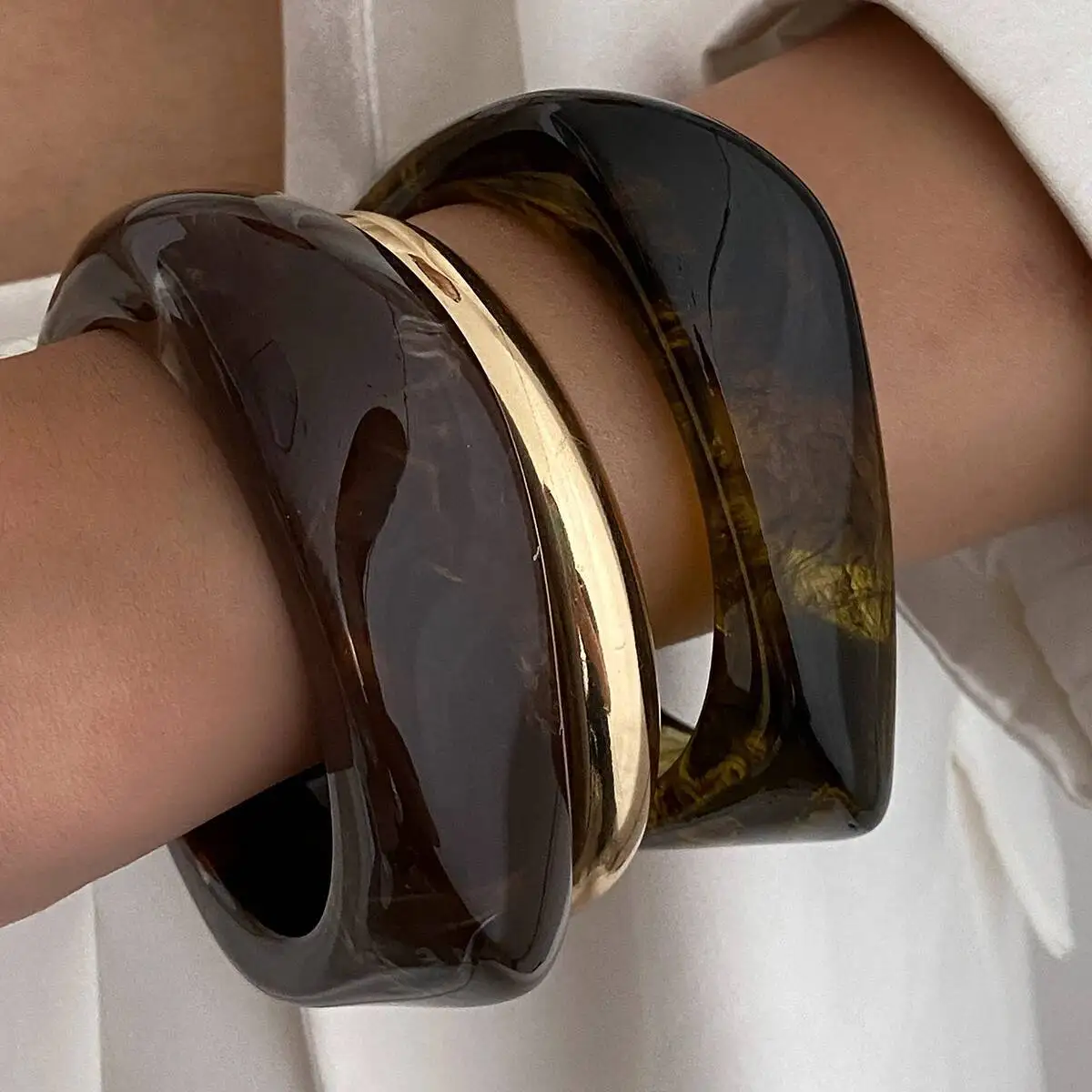 IngeSight.Z 3 أنماط خمر الشرير البني سميكة الراتنج الاكريليك تلطخ أساور النساء هندسية غير النظامية سوار أساور مجوهرات #1