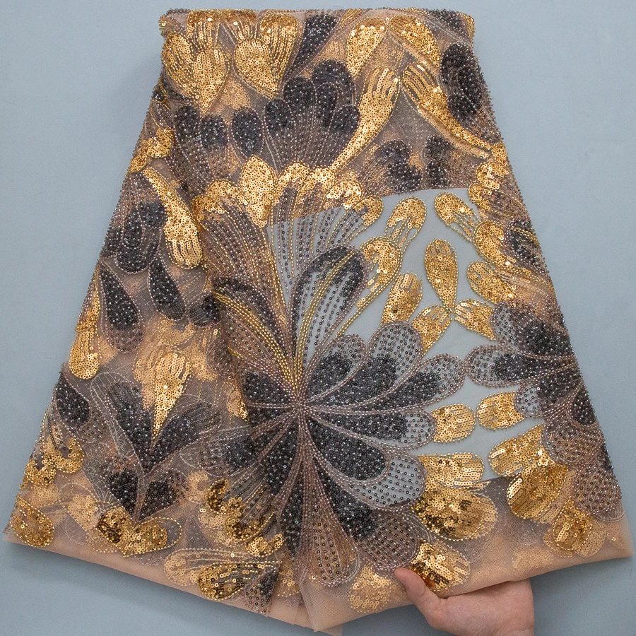 

Stunning Gold & Black French Net Lace Fabric, Sparkling Sequin Mesh Lace for African Nigerian Party & Evening Gowns