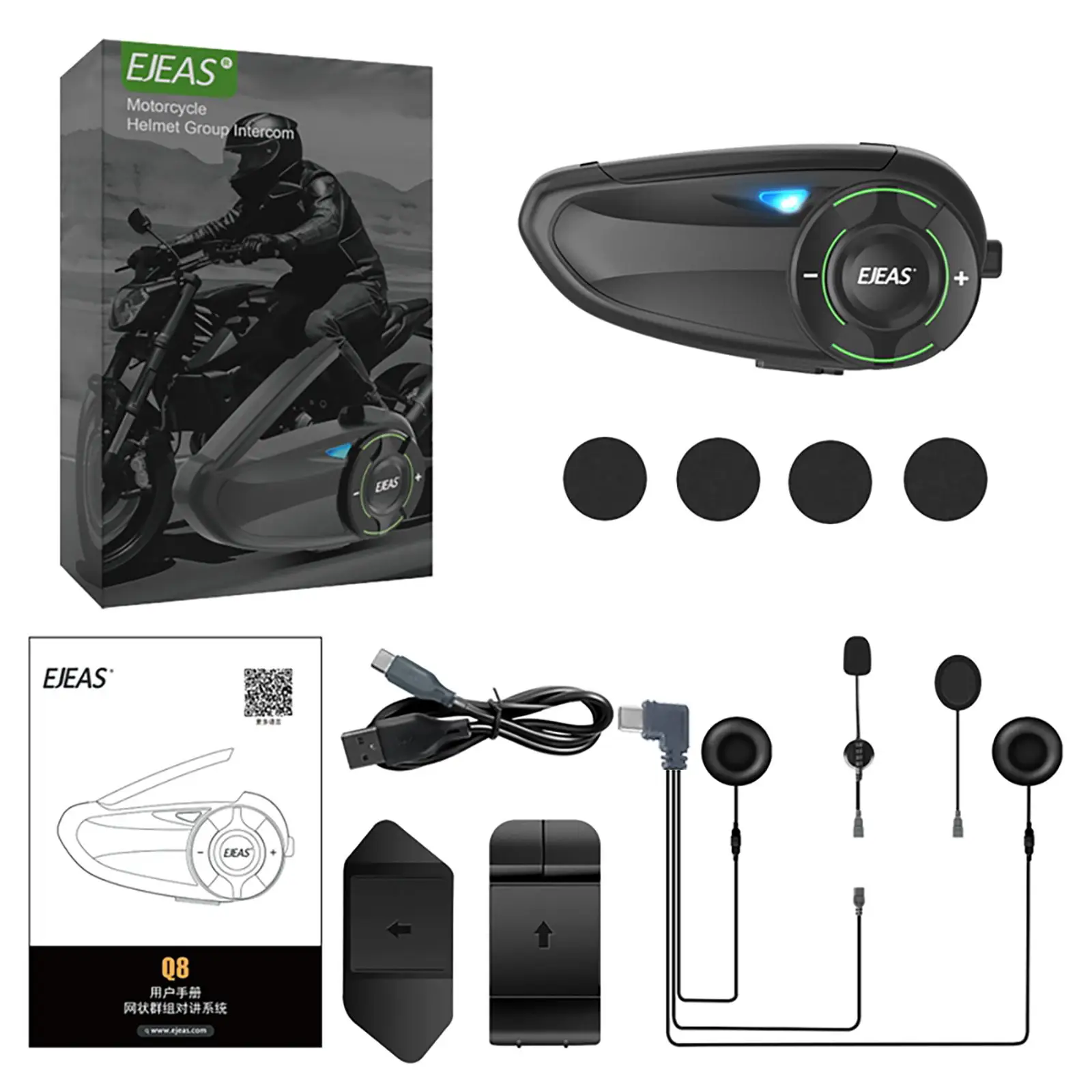 EJEAS Q8 1000m 16pin Type-c Mesh 6 Riders Motorcycle Group Talking with FM System Bluetooth Intercom Helmet Headset