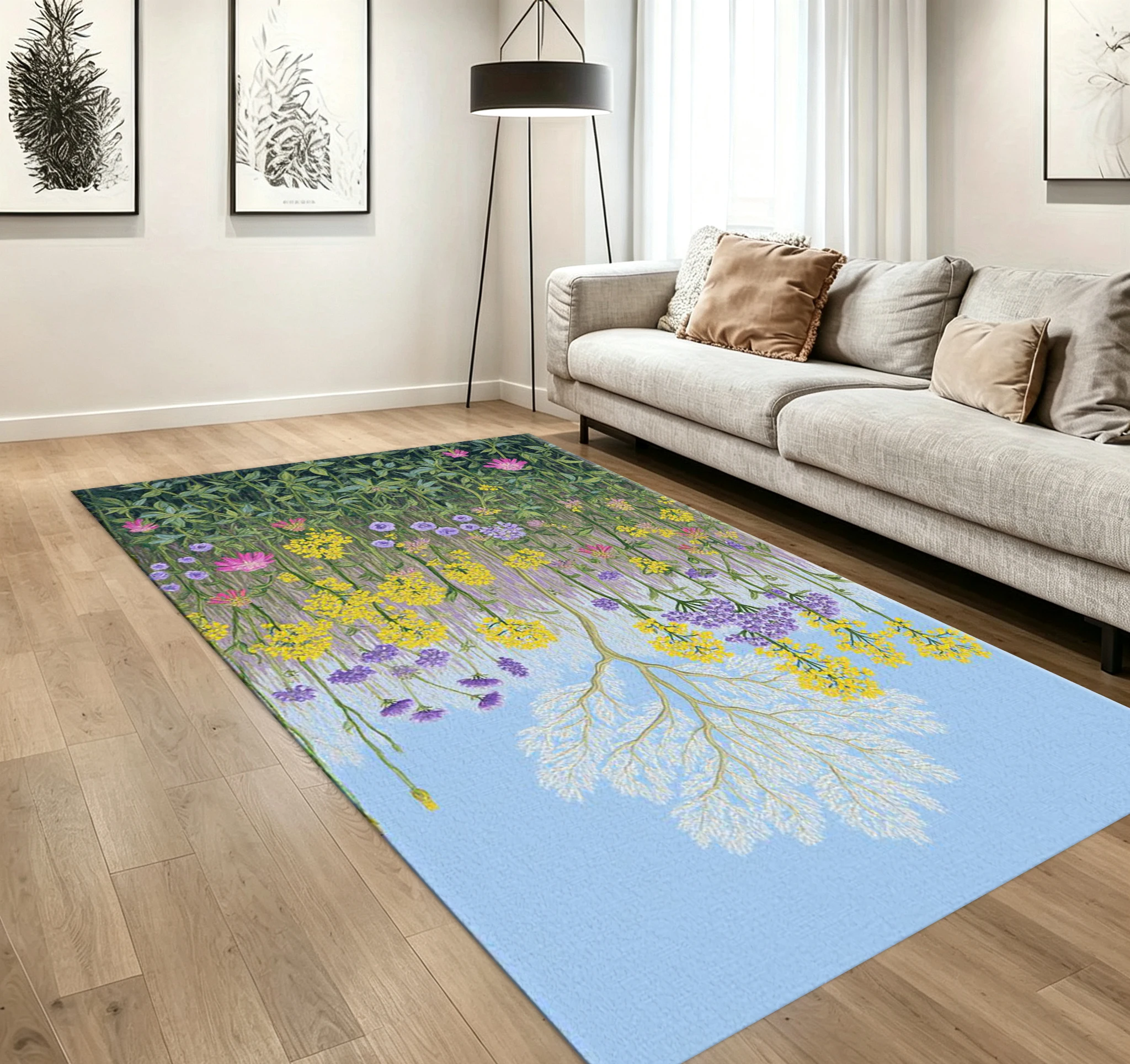Pastoral Wildflower Garden Carpet Flooring Colorful Meadow Plant Tree Art Printed Floor Rug for Living Room Study Home Ornament
