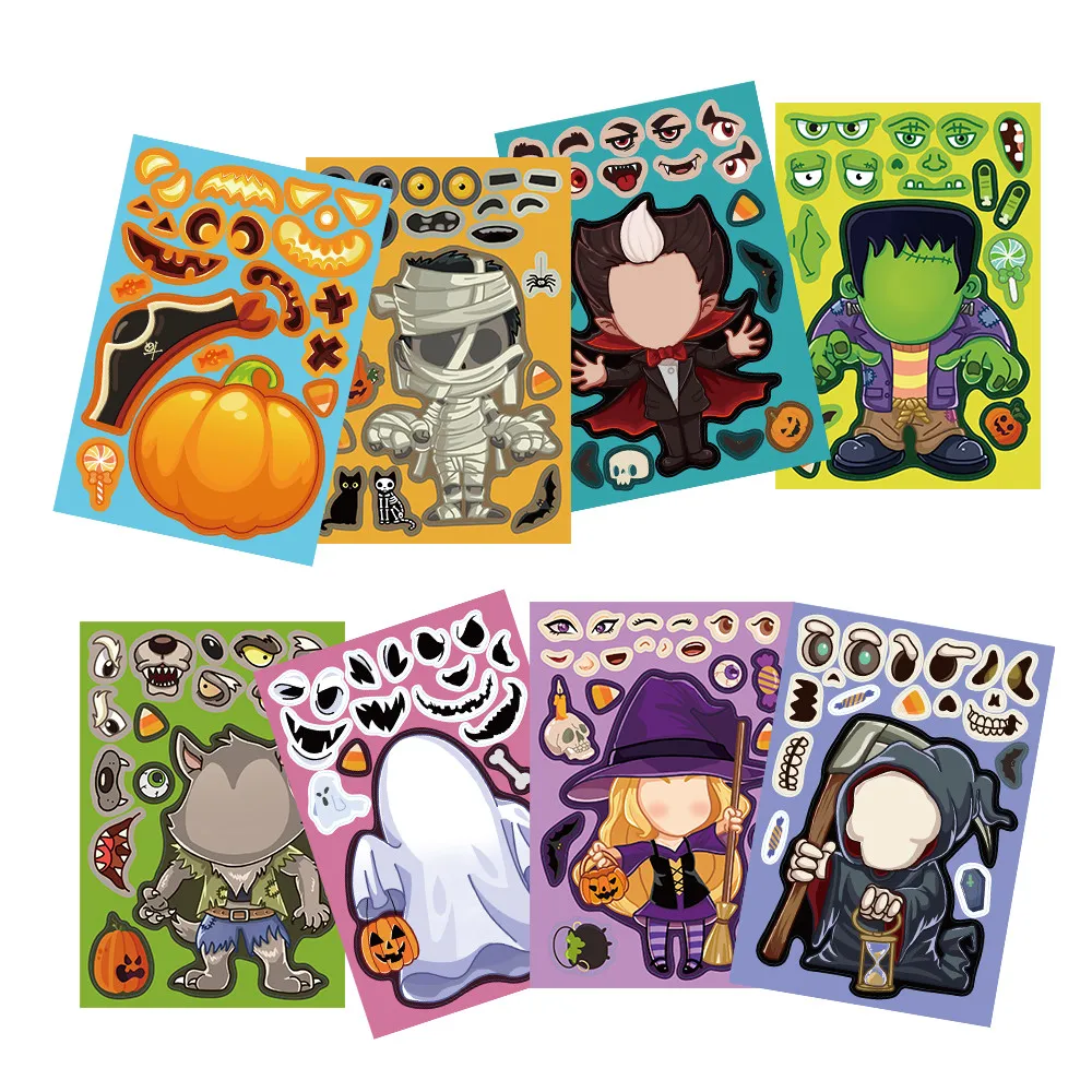 8 Sheets Halloween Mix-and-Match Face Stickers, Mummy Witch Ghost Buildable Decals for Cup, Luggage & Gift Box DIY Custom Decor