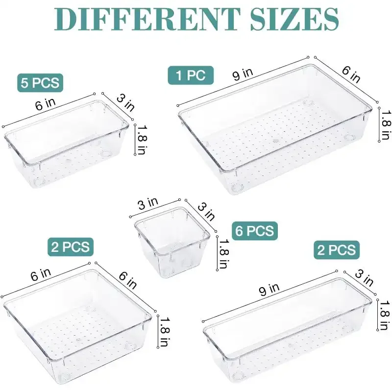 16 PCS Drawer Organizer Set ,5 Varied Size Bathroom and kitchen Drawer cabinet organizer Trays,Clear Storage Bins