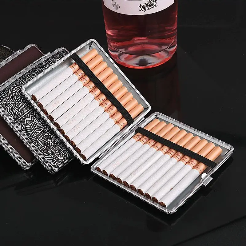 

20 Sticks Gift for Men's Leather Cigarette Box Cigarette Lady Storage Cover Holder Cigar Case Metal Leather Smoking Accessories
