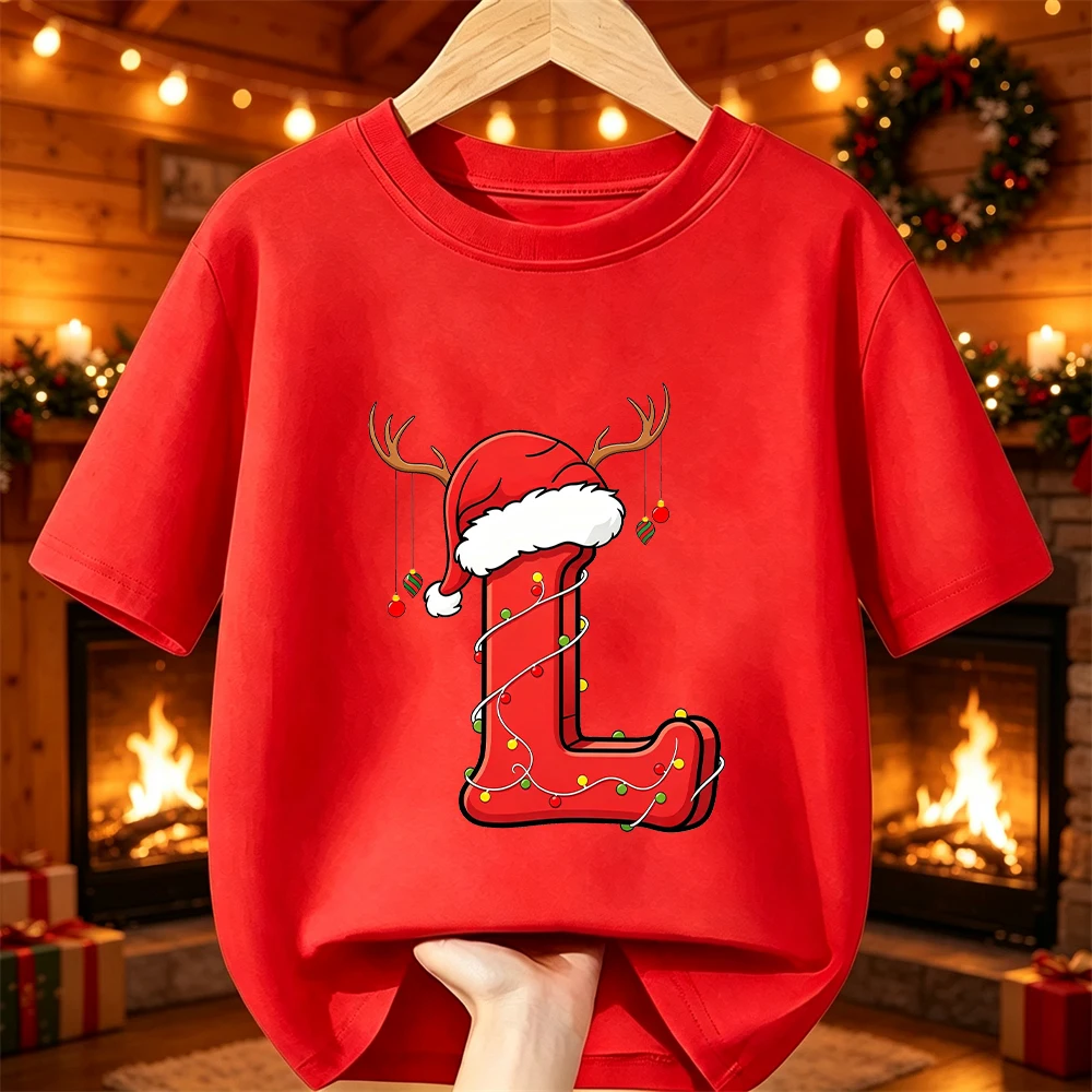 Boys Girls Xmas Party Tee Festive Antler Santa Hat Xmas Light A‑Z 26 Letter Graphic Cotton Short Sleeve Children Casual Clothing