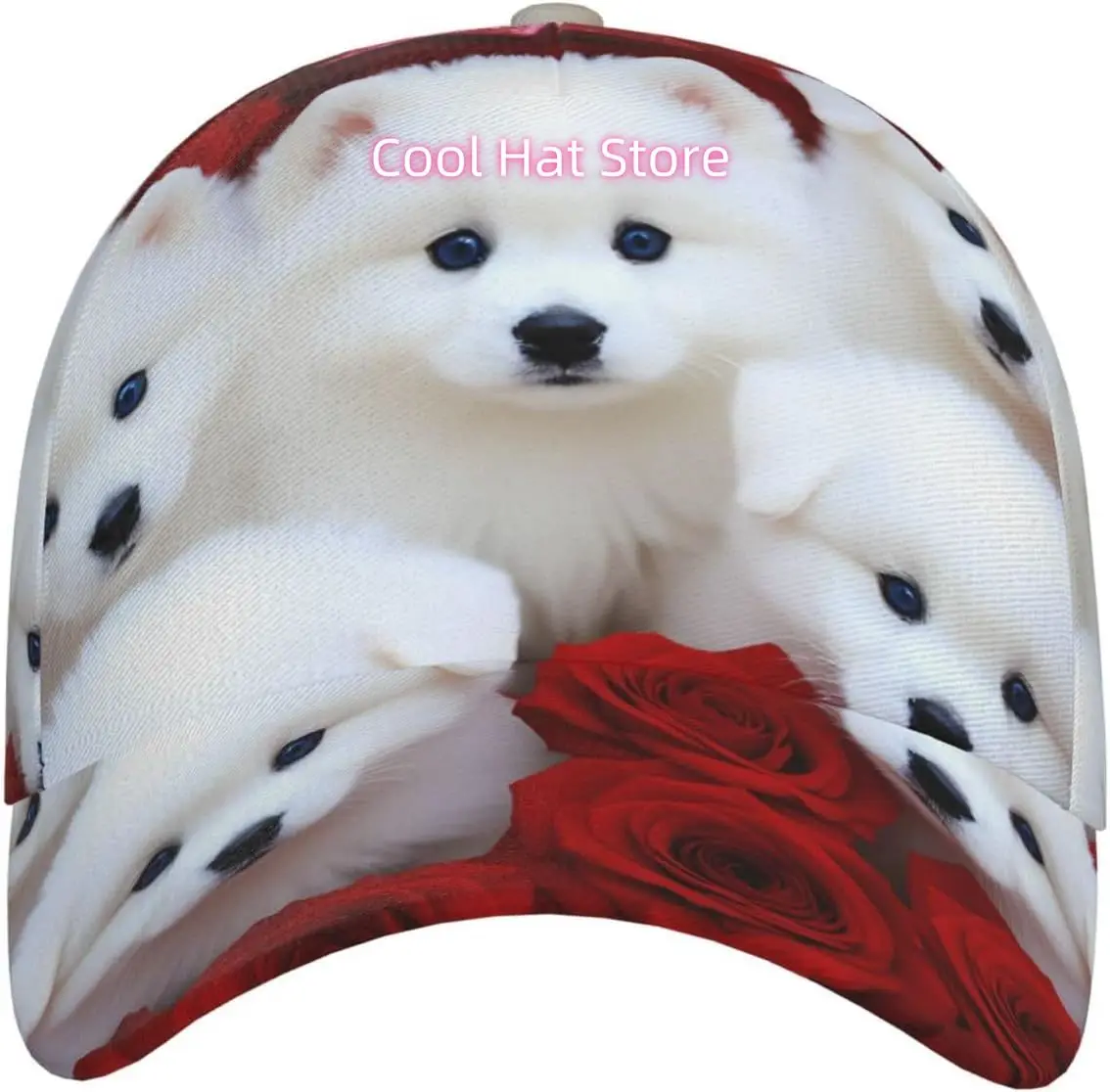 White Dogs Red Roses Pattern Baseball Cap Adjustable Cotton Baseball Hat for Sports, Outdoor, Travel Gifts for Men