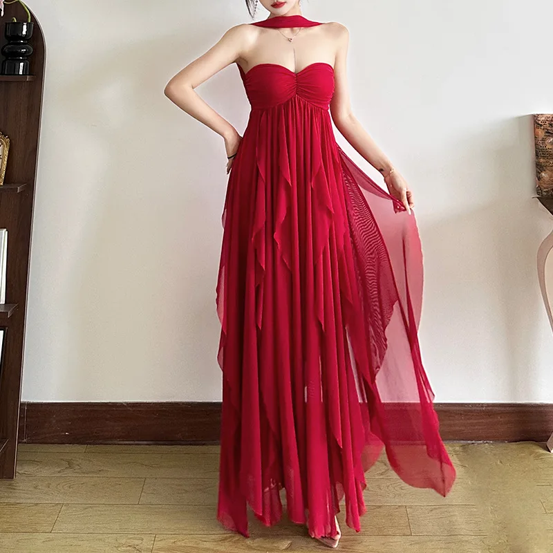 

DSMTRC Red Strapless Ruffle Sexy Maxi Dress For Women Robes Fashion Halter Sleeveless Backless Draped Ruched Club Party Dresses