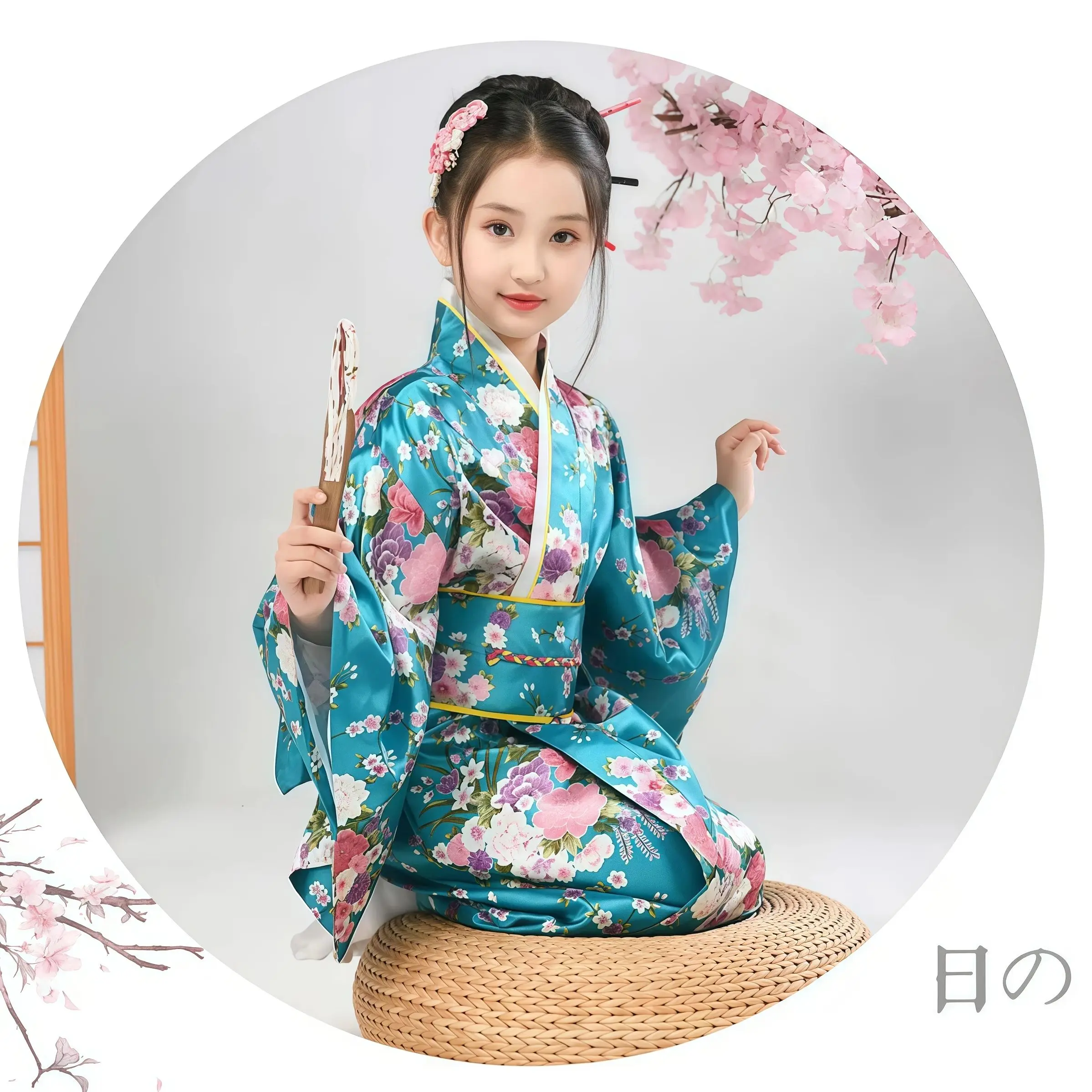 유카타 드레스 생동감 넘치는 벚꽃 프린트 일본 기모노 세트 소녀 코스프레 학교 공연 전통 의상 초등학생용