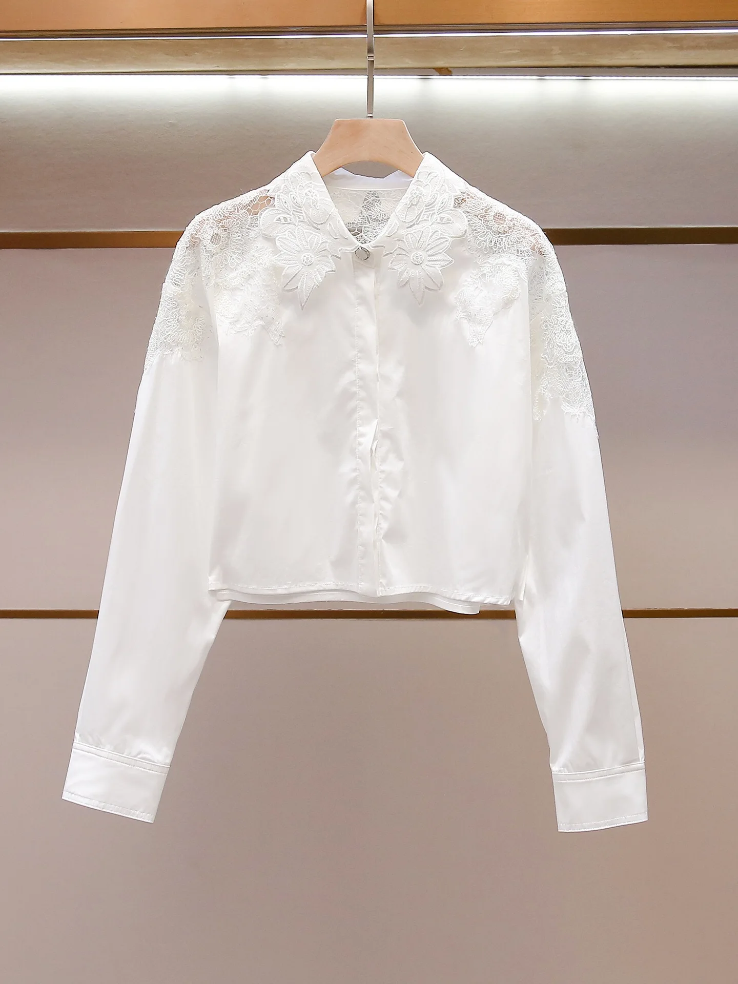 

Lace Hook Embroidery Short Shirt Women's Fashion Casual Style Hollow out Collar White Blouse Youth Friendly Breathable Polyester