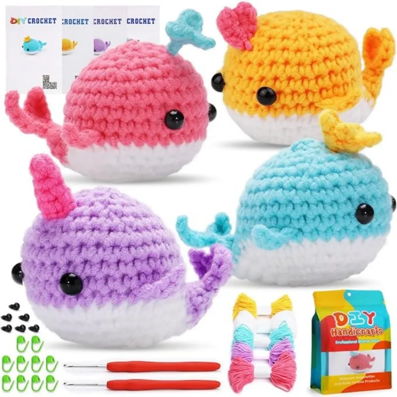 

2PCS DIY Animal Crochet Kit Dolls Whale Handmade Crochet Knitting Kit Wool Yarn Thread Crochet Material Kit,4Colors