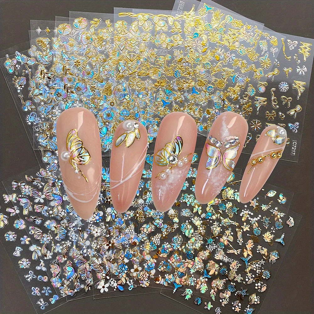 Juego de 10 Uds de pegatinas para uñas de mariposa con estampado en caliente, pegatinas para uñas de mujer de mariposa dorada de estilo lujoso ligero europeo y americano