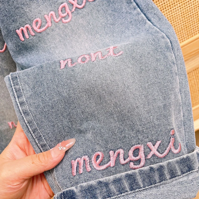 2024 Autumn Spring New Girls Clothing Set Draw Rope Long Sleeve Shirt+Letter Print Jeans 2Pcs Suit For 3-8 Years Fashion Outfits image 6