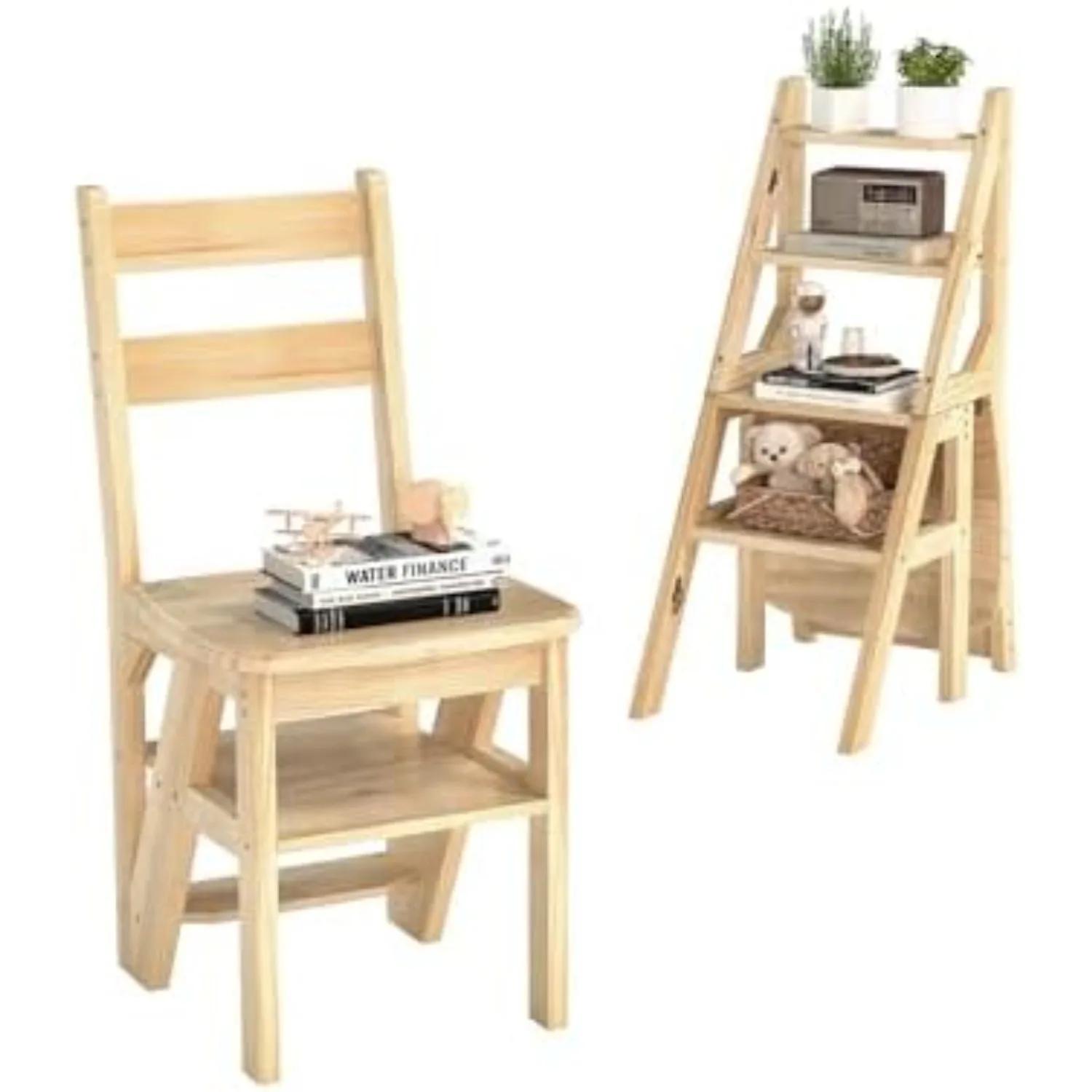 3-in-1 Wooden Library Ladder, 4 Tier Folding Ladder, Convertible Step Stool & Display Rack with Lock Buckle Fixation