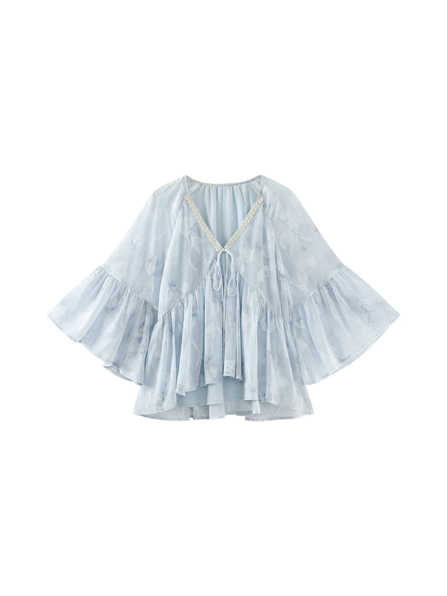 Blusa elegante con volantes y cuello en V, Top ligero de gasa con retazos, camisa informal holgada de manga larga para mujer, ropa diaria de otoño