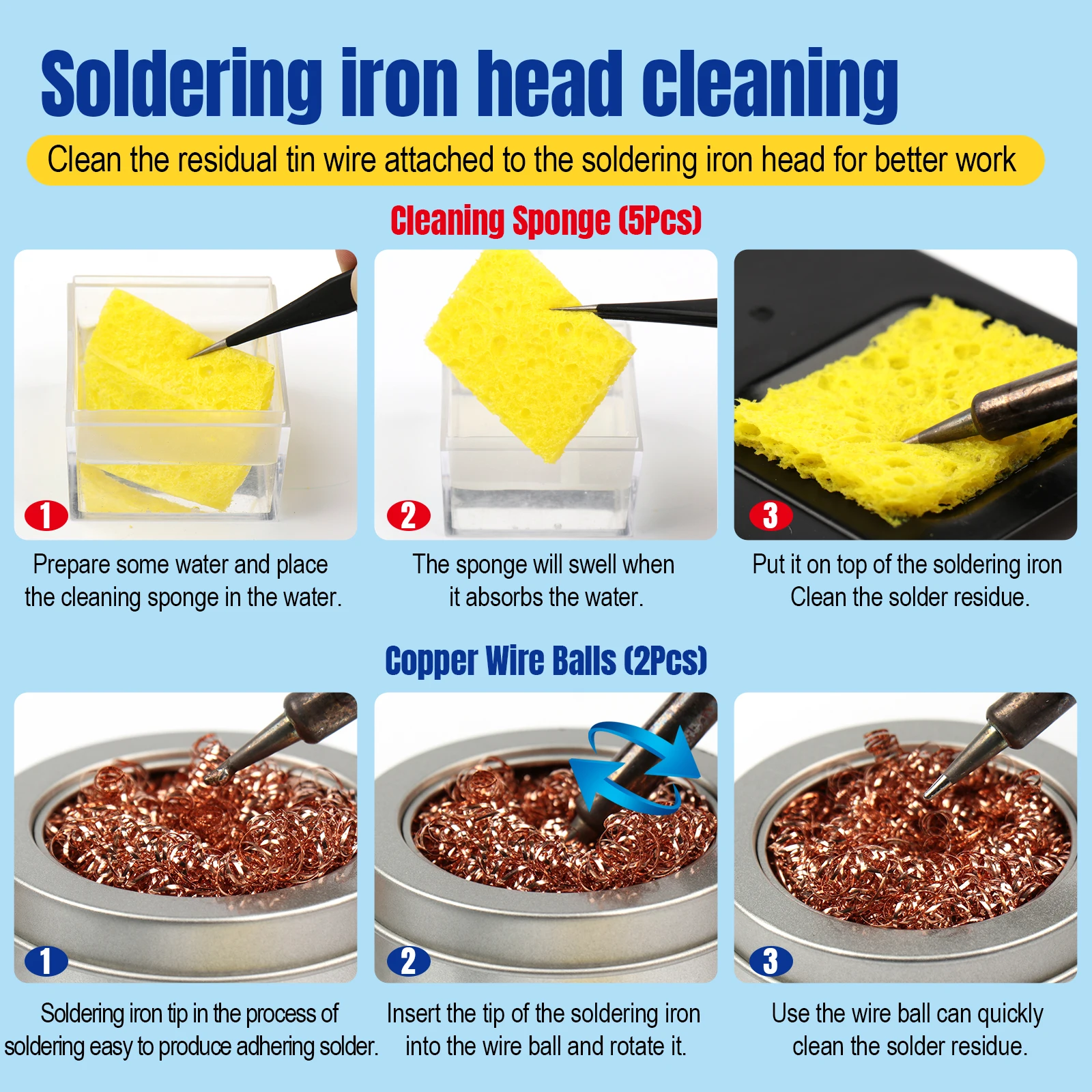 GEELOANE طرف مكواة لحام طقم تنظيف 50 جرام روزين لصق تدفق + 16 جرام طرف تنير نظافة + طرف مكواة لحام منظف + لحام تنظيف الإسفنج