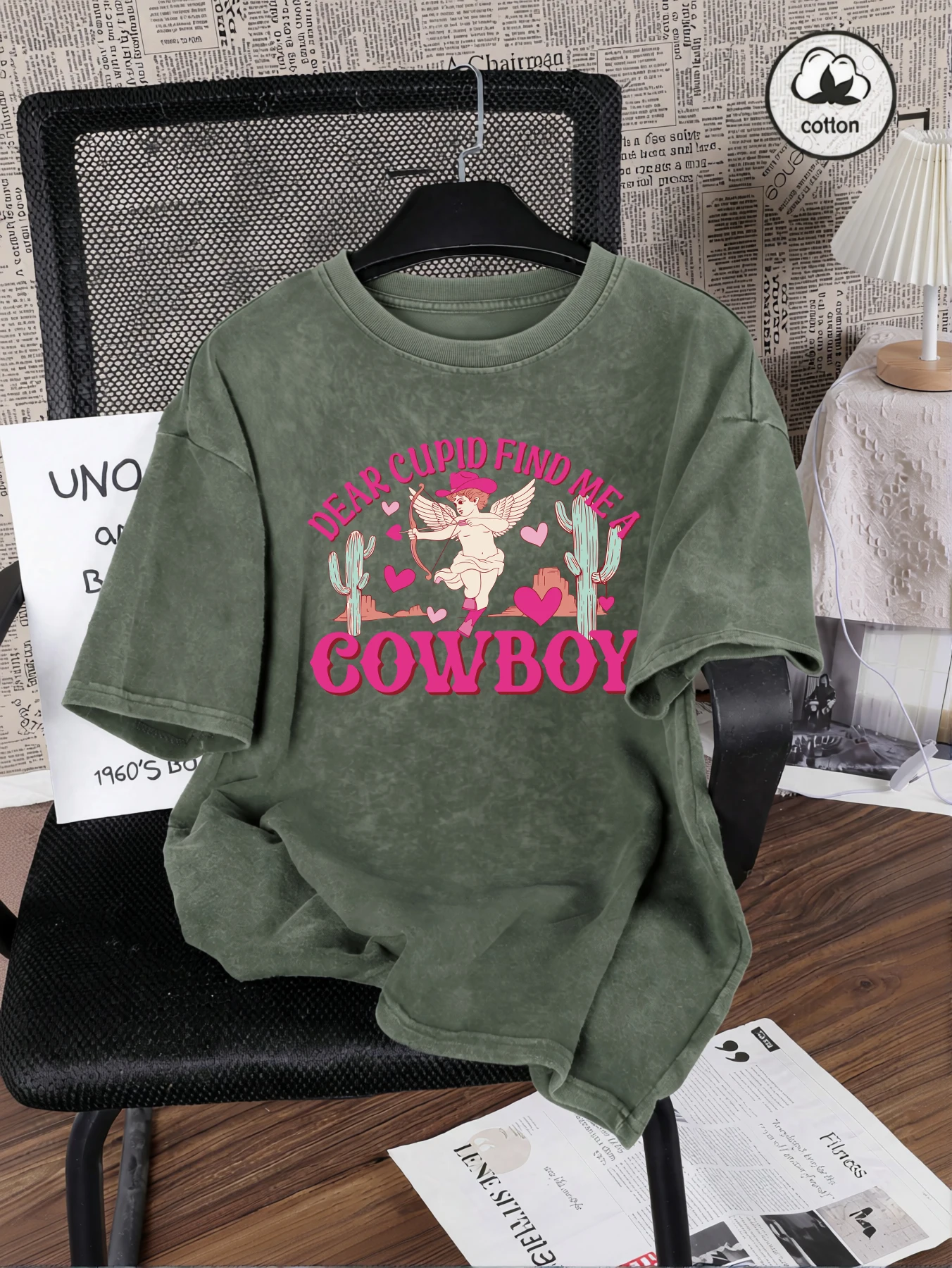 Liebe Amor Cowboy Wüste Kaktus Drucke gewaschen T-Shirts Damen Sommer O-Ausschnitt Kurzarm trendige Baumwolle Top lässig lose T-Shirt