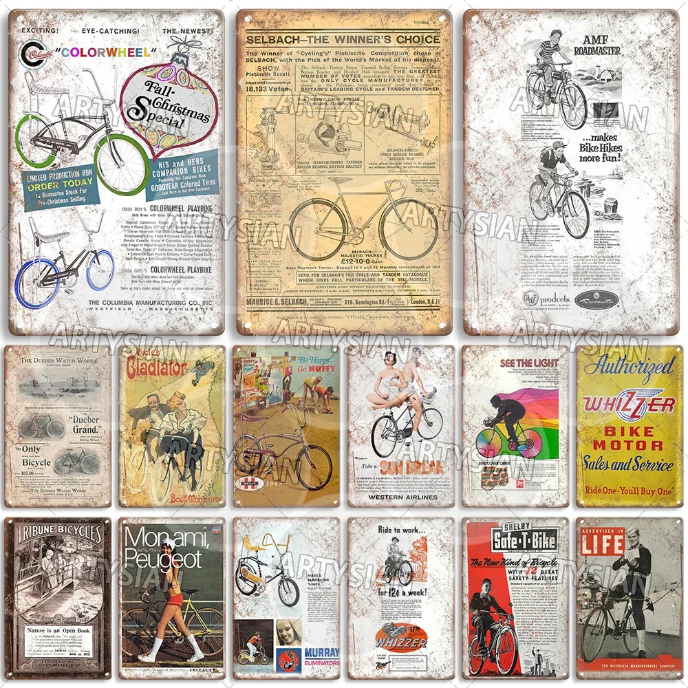 Vintage Bicycle Metal Sign Bike Ads Plaque Colorwheel Selbach Roadmaster Cycles Gladiator Huffy Whizzer Tribune Peugeot Murray