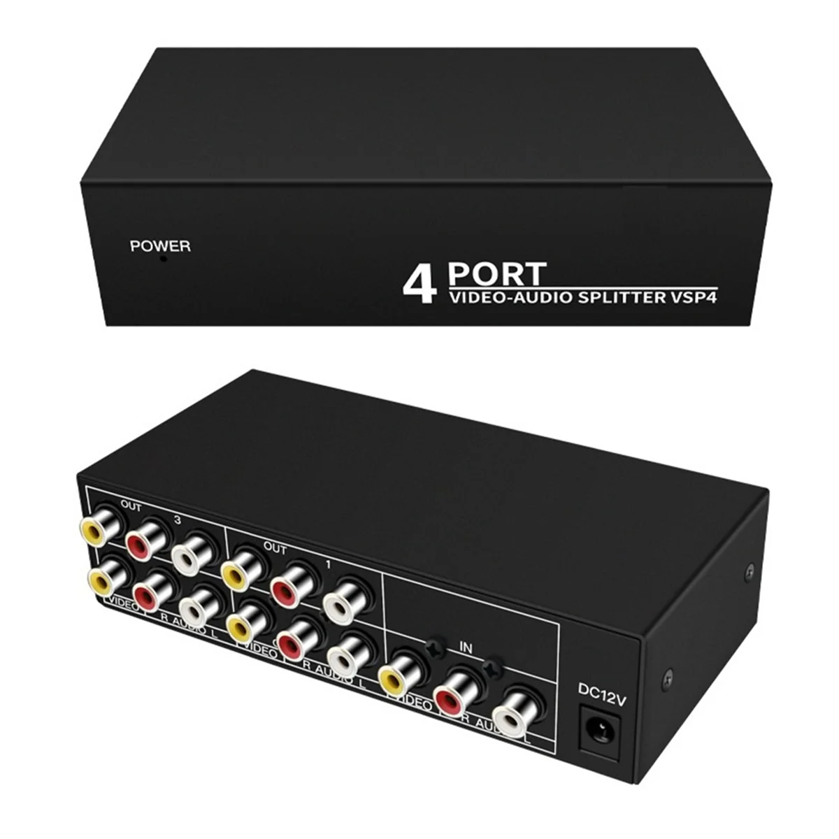 4-Way AV Splitter 1 in 4 Out Composite RCA AV Splitter 1X4 Video Audio RCA Splitter Distributor for DVD C-VBS US Plug