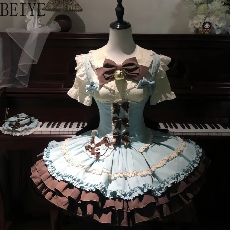 Sweet Lolita Outfit Set Lady Blouse Waistcoat Blue Lace Ruffle Skirt Suit Bows Kawaii Japanese Harajuku Women Cosplay Costume