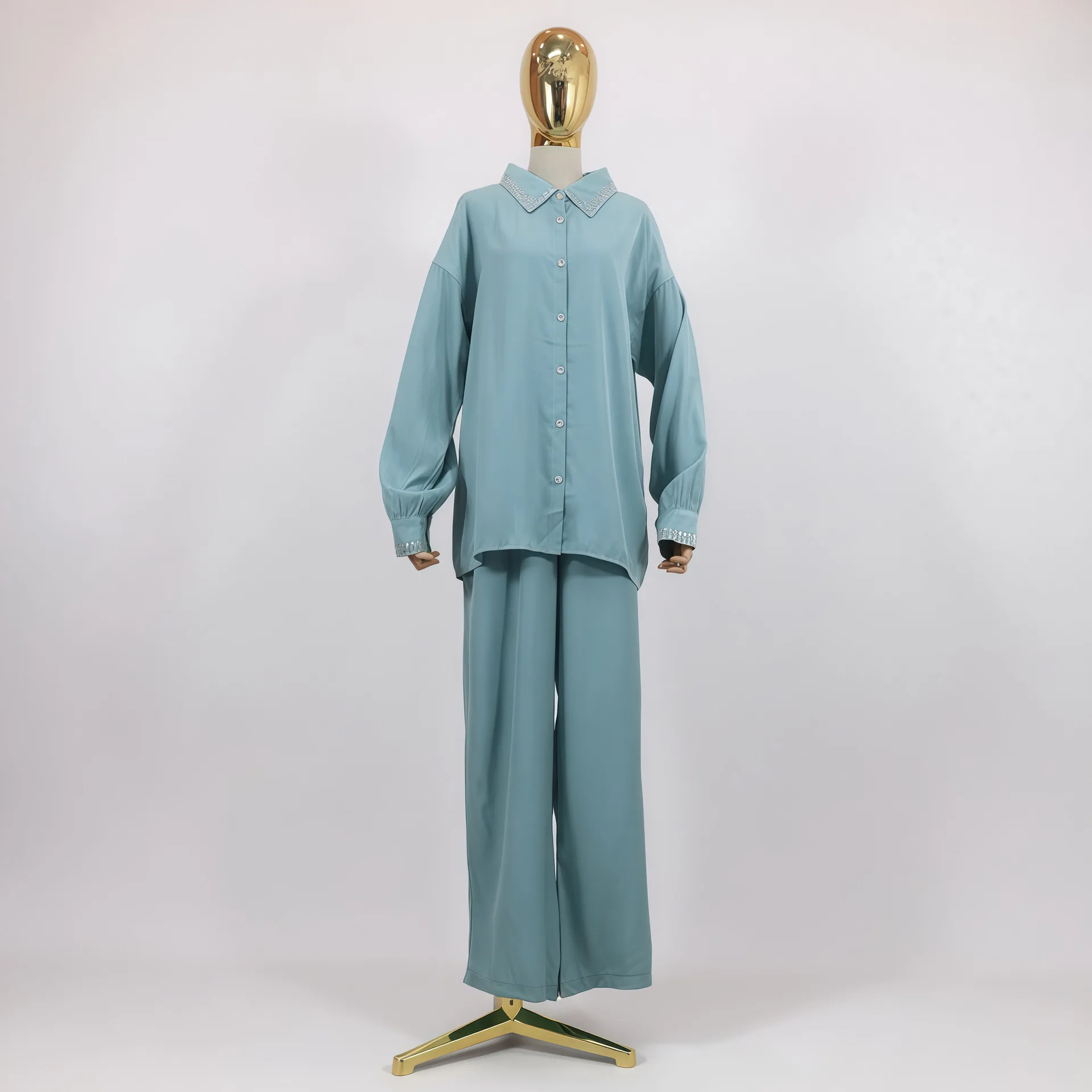 

Eid Muslim Sets for Women Lapel Collar Shirt Pants Diamonds Abaya Kaftan Islam Clothing Turkey Outfits Femme Musulmane Ensembles