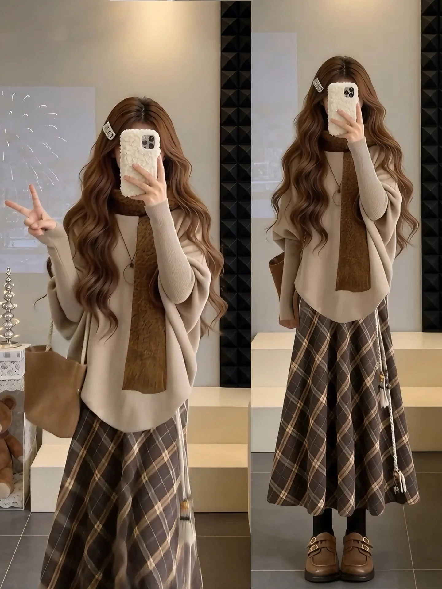 

Зимний модный комплект из трикотажа больших размеров с юбкой в клетку, женский, с рукавами «летучая мышь», винтажный, теплый, из полиэстера, повседневная одежда