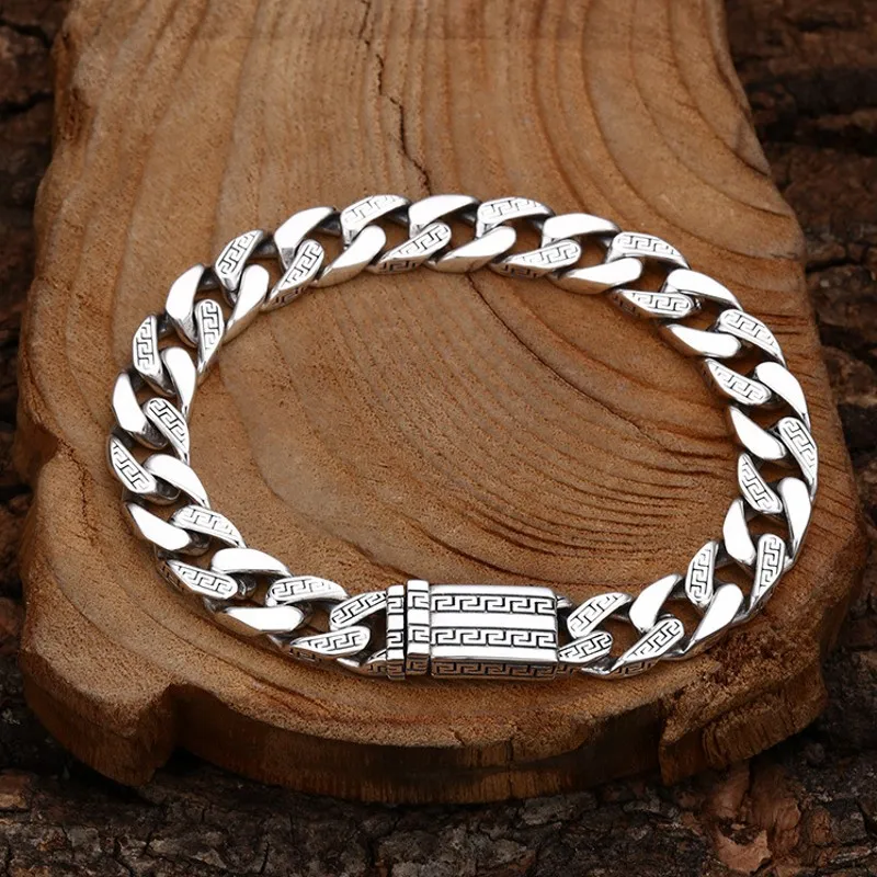 

BOCAI NEW S925 Sterling Silver Retro Domineering With A Herringbone Pattern Cuban Bracelet