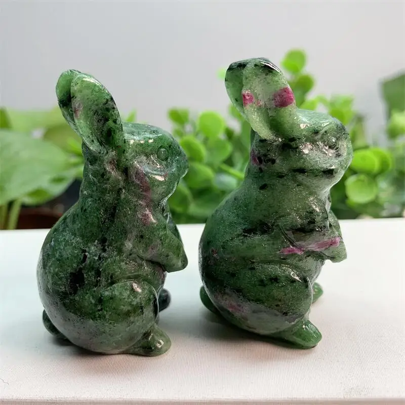 6cm Natural Ruby In Zoisite Rabbit Crystal Carving Crafts Healing Lucky Stone Home Decoration Gift Healthy Children Toy 1pcs