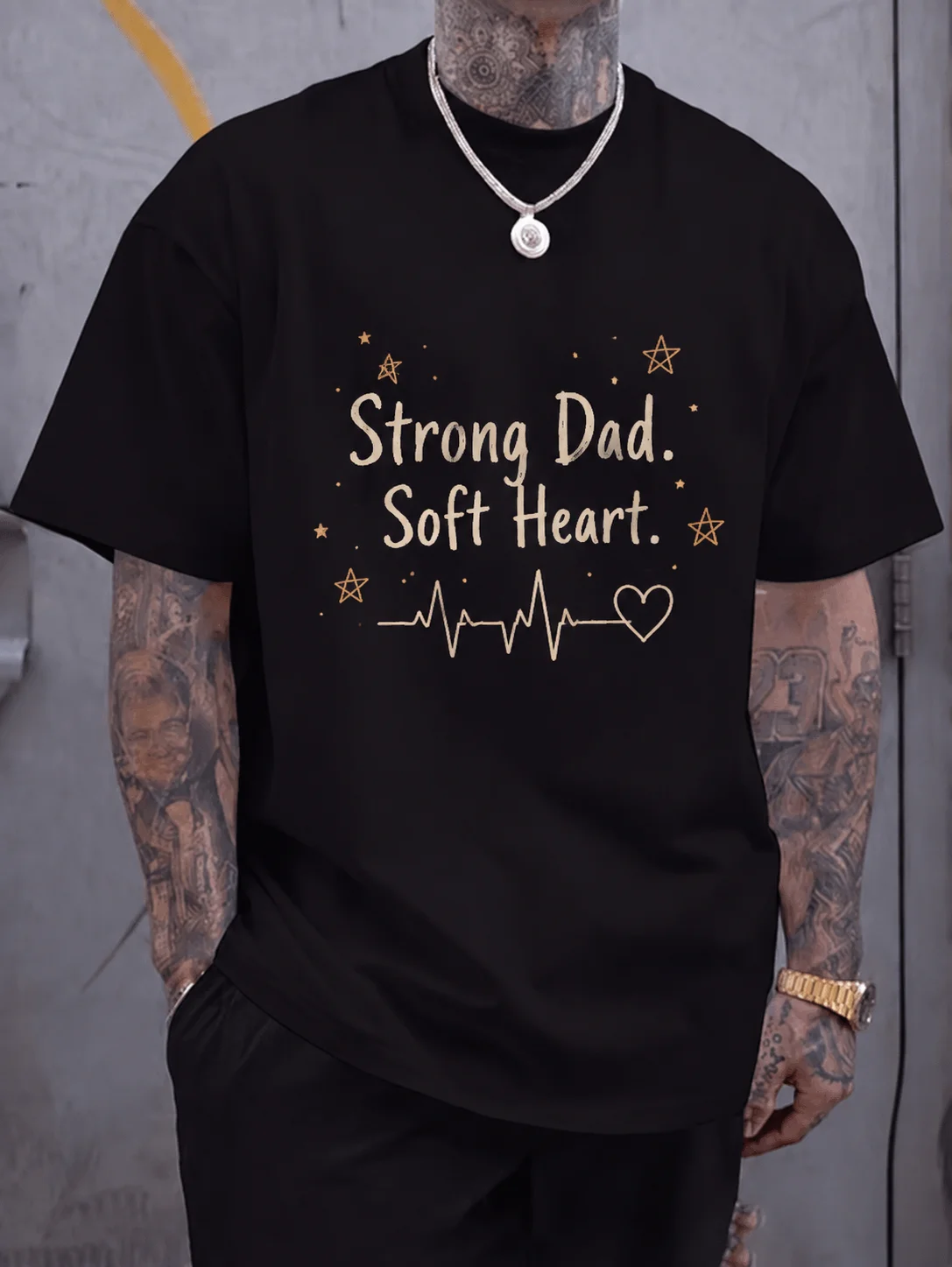 

Men Graphic T Shirt Short Sleeve 50% Cotton 50% Polyester Stretch Fabric Strong Dad Heartbeat Print Dad Tee Casual Summer for