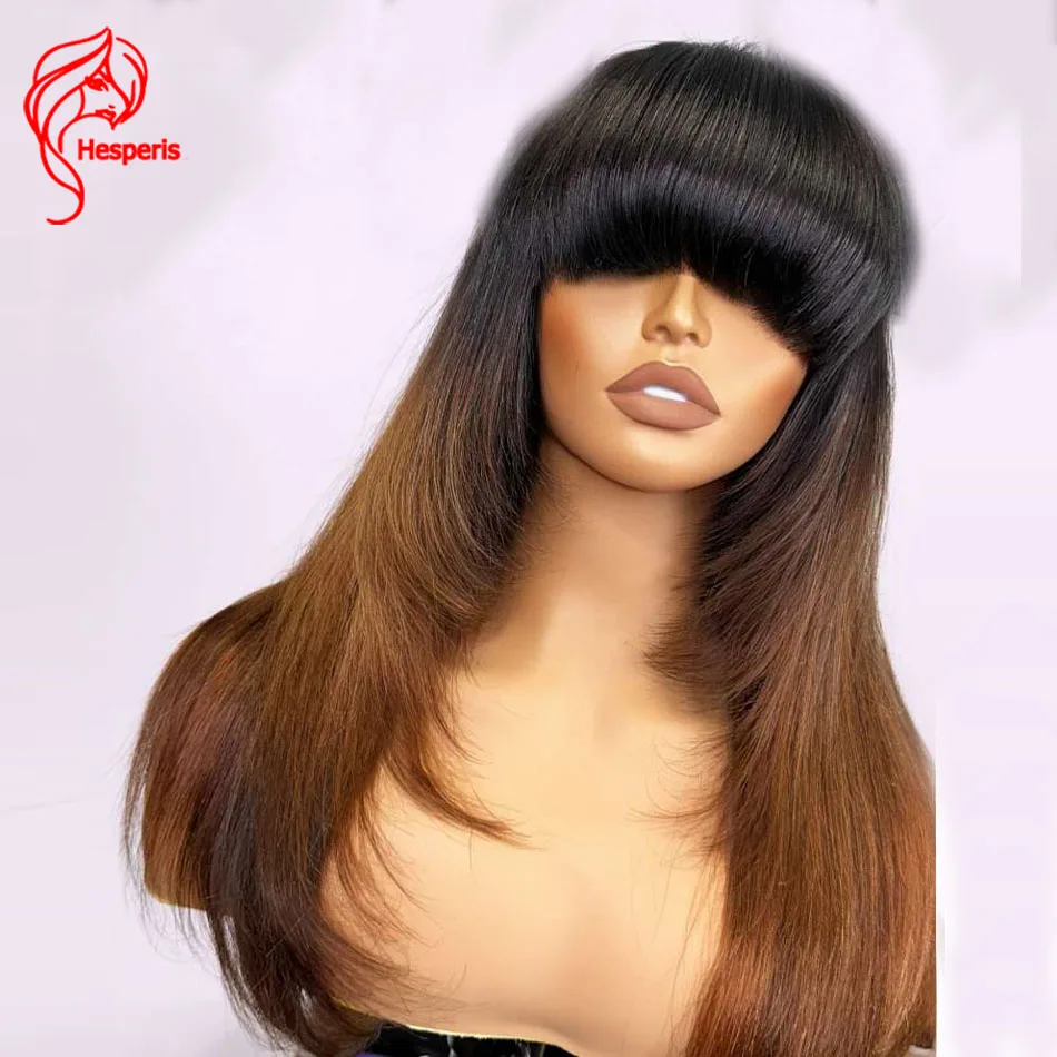 Hesperis Ombre Human Hair Wigs Brazilian Remy Layered Cut Silk Straight Full Machine Made Wig With Bangs Blonde Ombre For Women