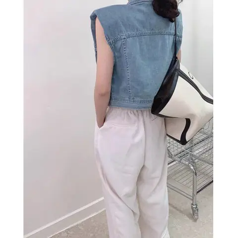 2024 autumn lapel exquisite small gold buckle high waist versatile short style washed thin denim vest