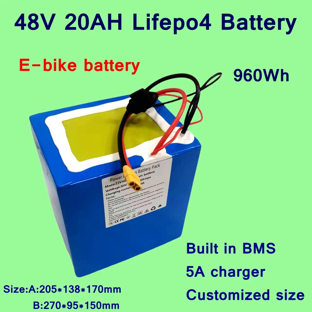 

E-bike lithium iron phosphate battery pack, 48V20AH, BMS 16S, 2000W, electric scooter, e-bike,agricultural machinery,+5A Charger
