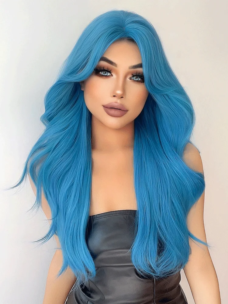 28Inch Sea Blue Color Synthetic Wigs Middle Part Long Natural Wavy Hair Wig For Women Cosplay Drag Queen Party Heat Resistant