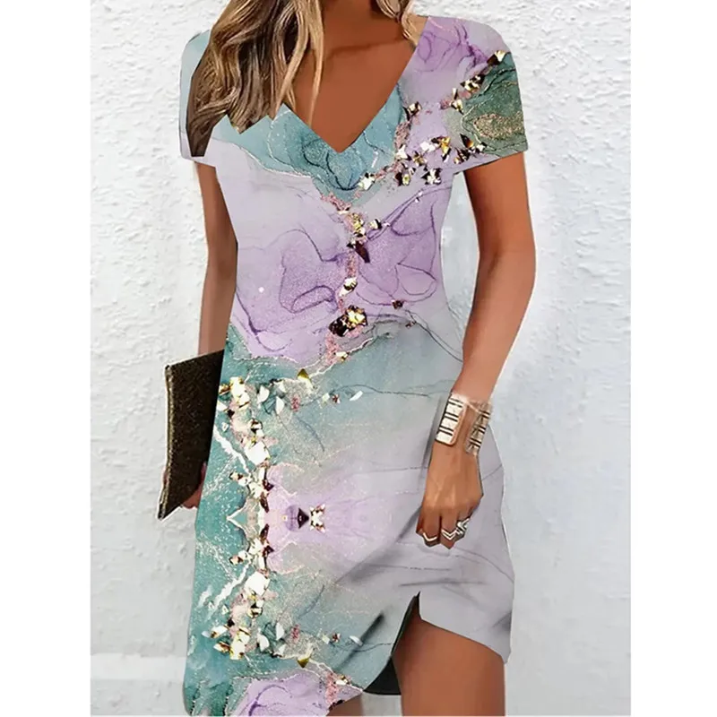 Women Short Sleeve V-Neck A-Line Dress Marble Pattern 3D Print Dress 2023 New Oversizd Casual Elegant Female Mini Dress Vestidos