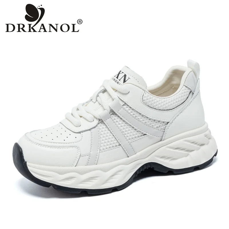 

DRKANOL 2026 Модные женские повседневные кроссовки из натуральной коровьей кожи на шнуровке с толстой подошвой на платформе, легкие и удобные, белые