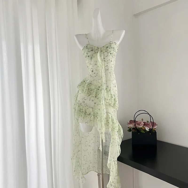 2024 Summer Dress Women Green Floral Print Sling Dress Irregular Design Female V Neck Backless Sleeveless Dresses Vestido