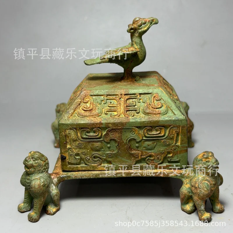 Antique collection: Green-gilt Bronze Ware from the Warring States Period, vintage style, with phoenix, bird, tiger, and beast m