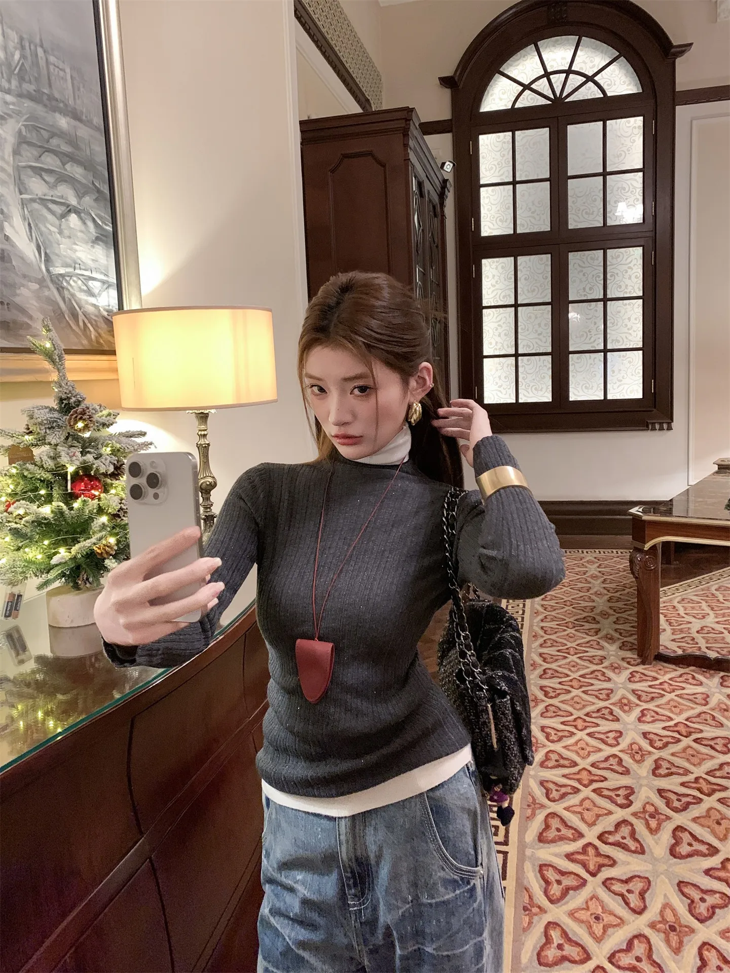 

Женский вязаный топ с пайетками и высоким воротником из шерсти, повседневный, весенний, простой, универсальный, Aviva on Earth