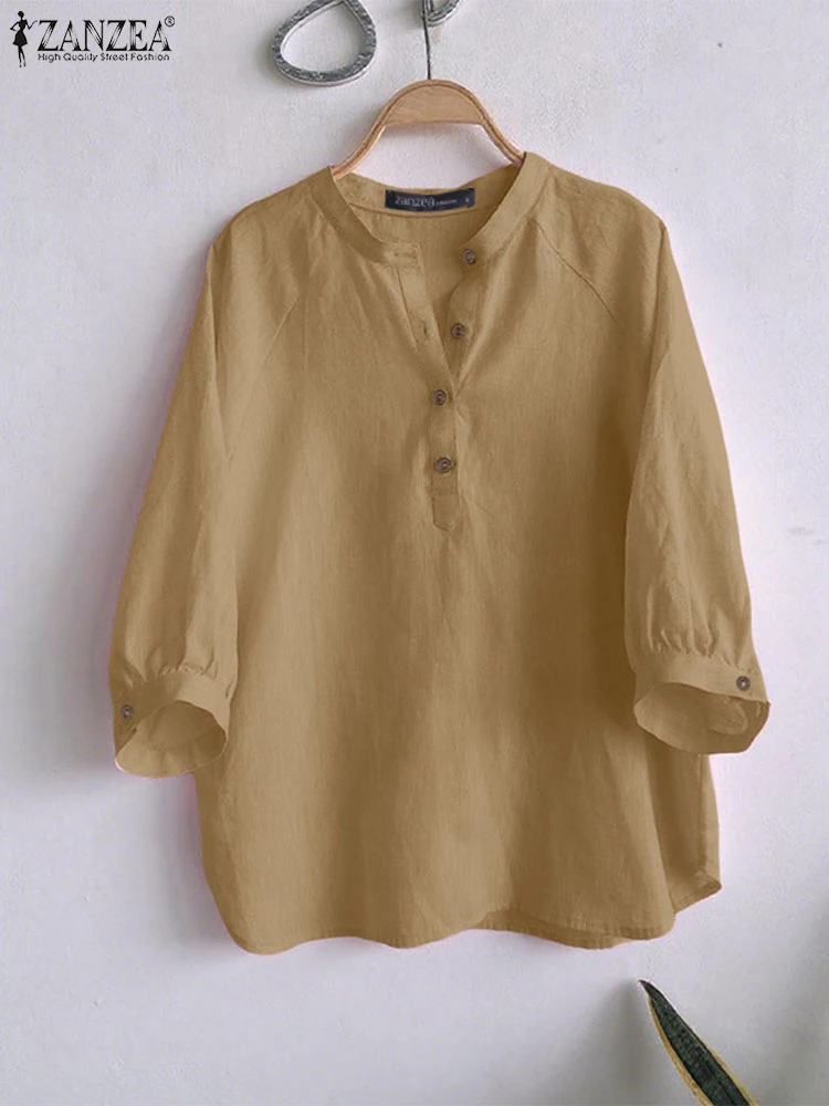 ZANZEA 2025 Herbst 3/4 Hülse Blusen Frauen Casual Rundhals Halbe Tasten Blusas Mujer Alltag Tragen Einfarbig Tops