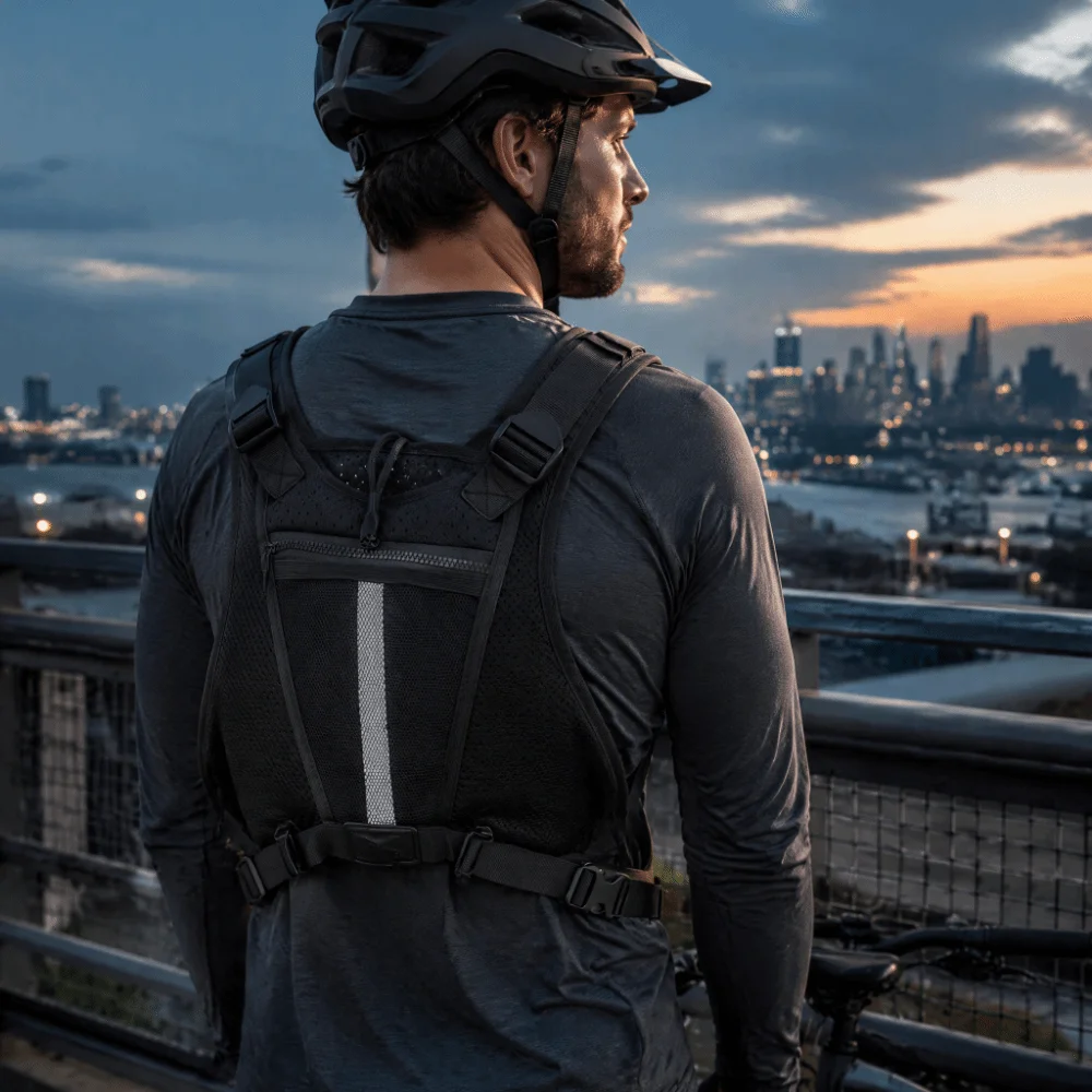 Black Sports Chest Bag PVC Leather Outer Layer Breathable Mesh Front Chest Pack Reflective Detail Polyester Lining