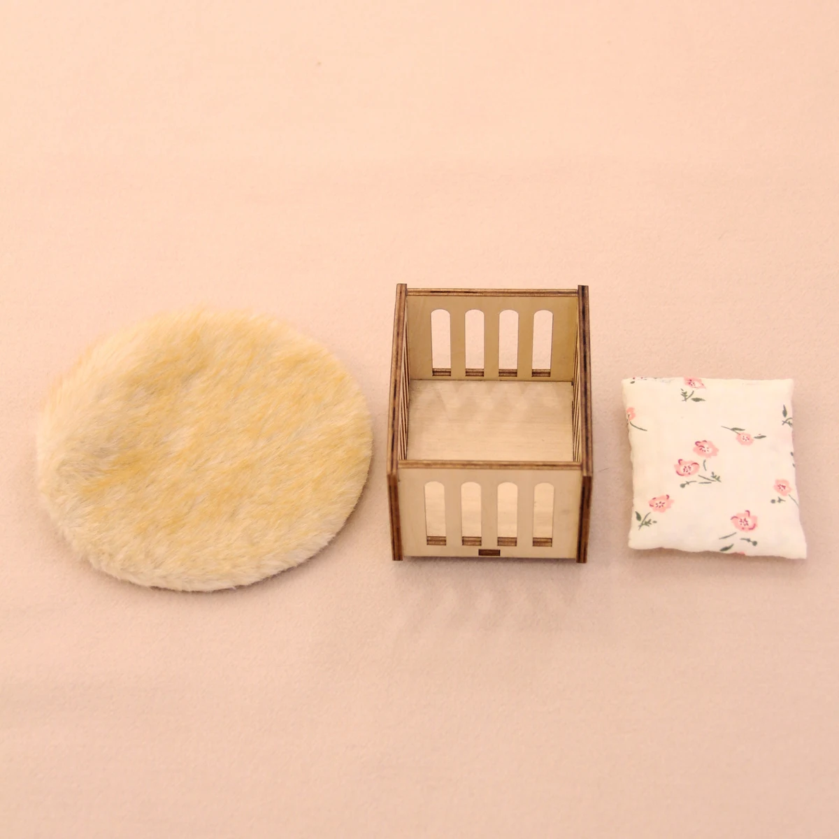 Miniature Furniture Square Wooden Bed + Carpet 1:12 Mini House Decoration Accessories Available in Two Colors