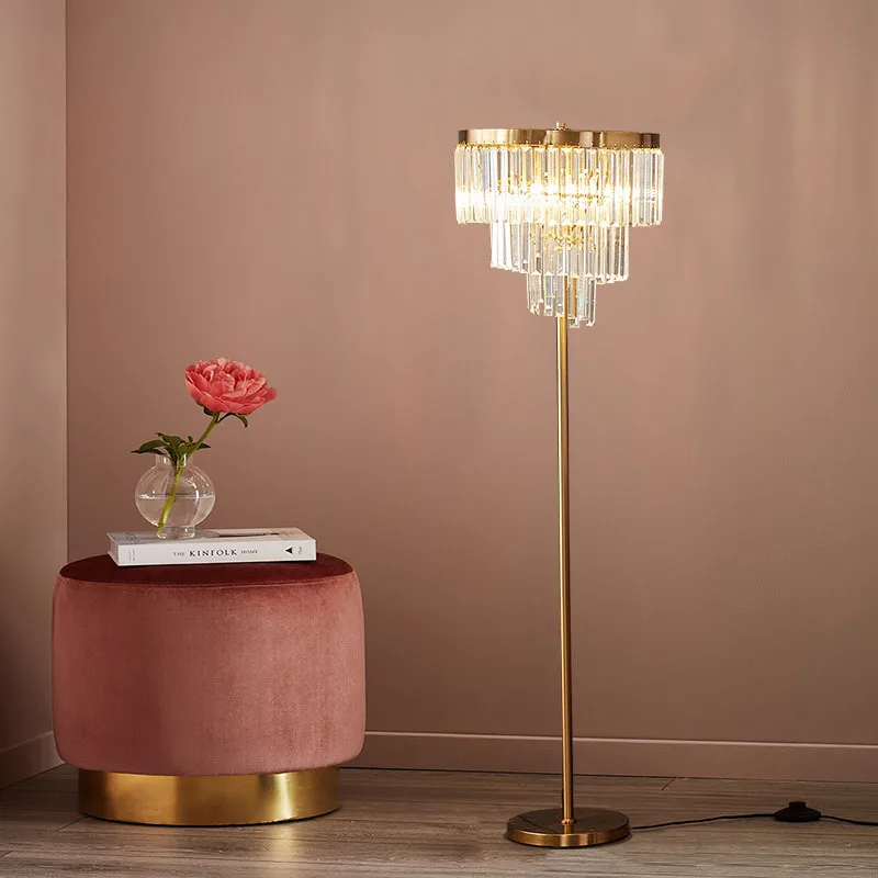 American Luxury Floor Lamp Designer Crystal LED Standing Light Living Room Sofa Bedroom Headboard