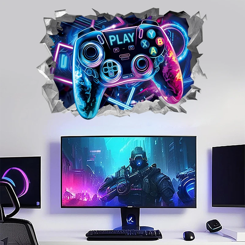 Geometric Space Gaming Mural Glow Gamepad 3D Vinyl Wall Stickers for Home Kids Bedroom Gamer Room Decorations Sci-fi Game Poster